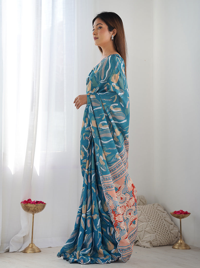 Monjolika Fashion Chinon Digital Print Classic Saree in Teal Blue