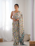 Monjolika Fashion Chinon Digital Print Classic Saree in Off White