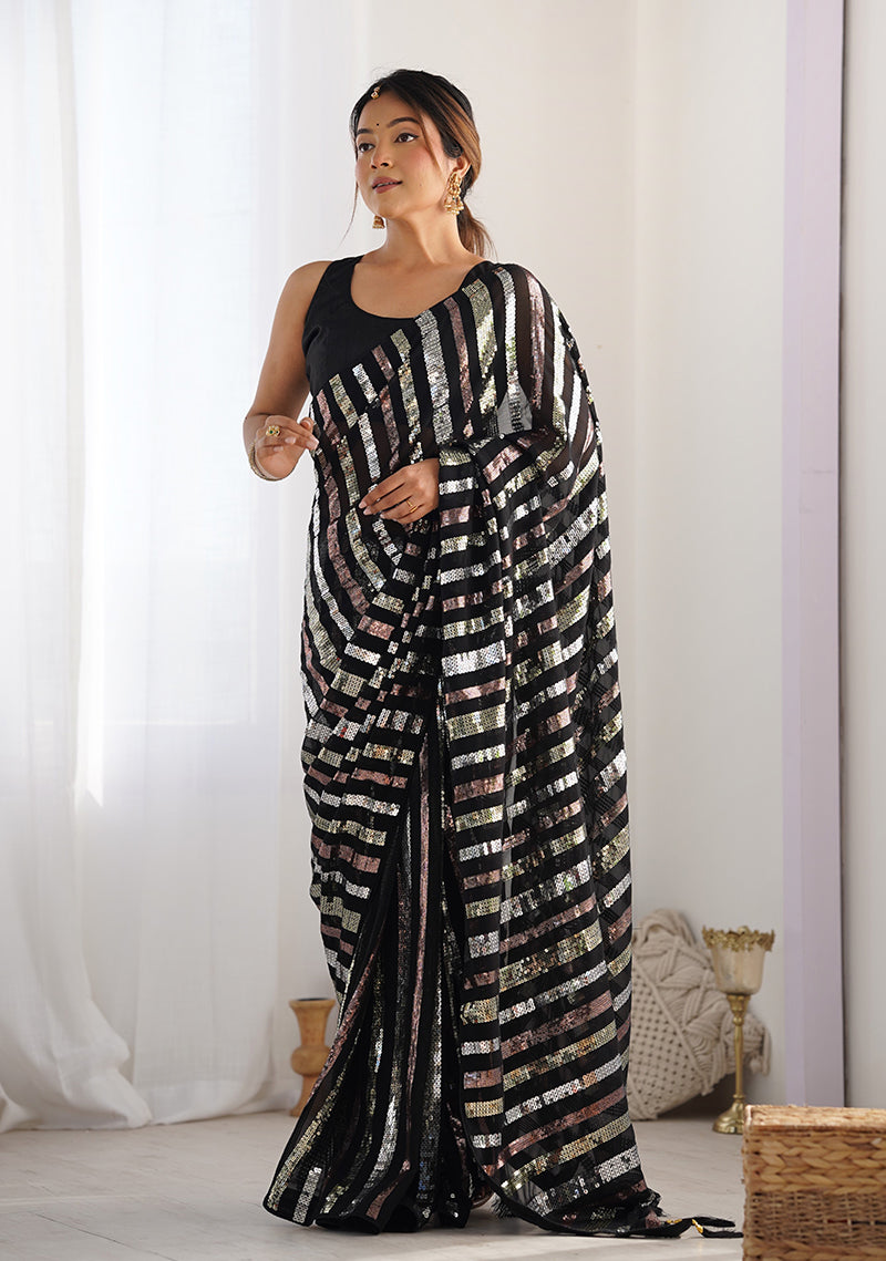 Monjolika Fashion Black Sequins Work Georgette Trendy Saree
