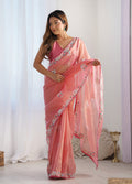 Monjolika Fashion Peach Thread Embroidery Net Trendy Saree