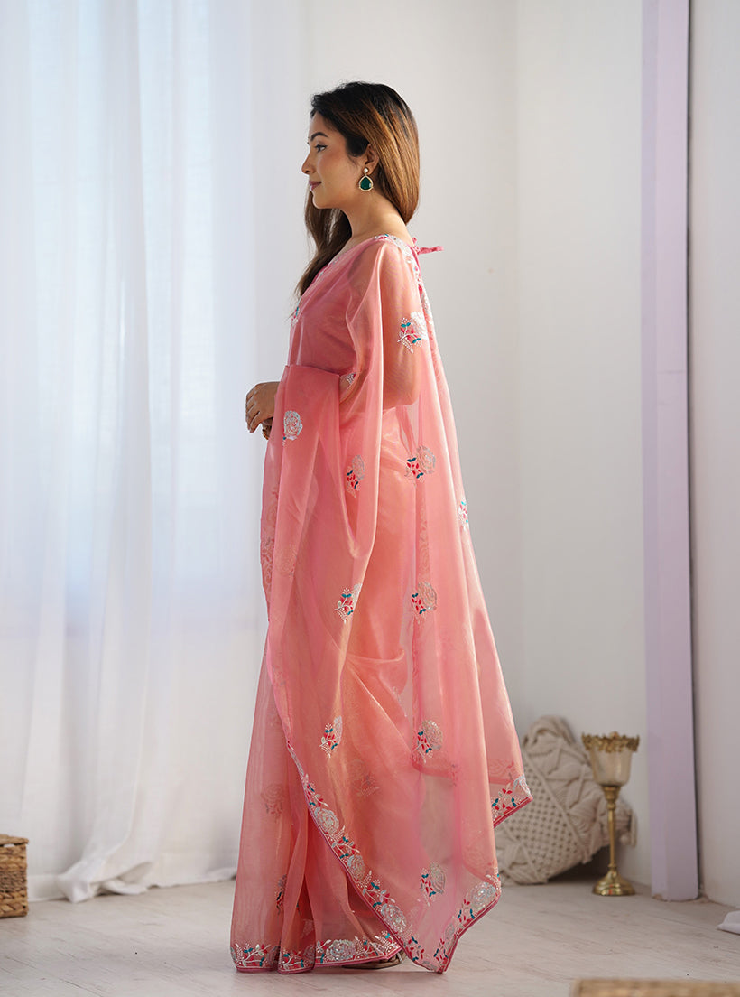 Monjolika Fashion Peach Thread Embroidery Net Trendy Saree