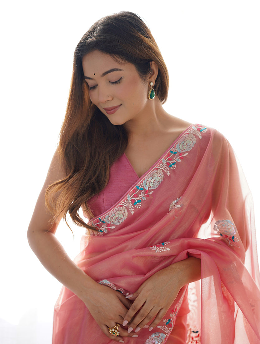 Monjolika Fashion Peach Thread Embroidery Net Trendy Saree
