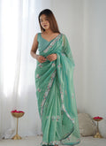 Monjolika Fashion Sea Green Thread Embroidery Net Trendy Saree