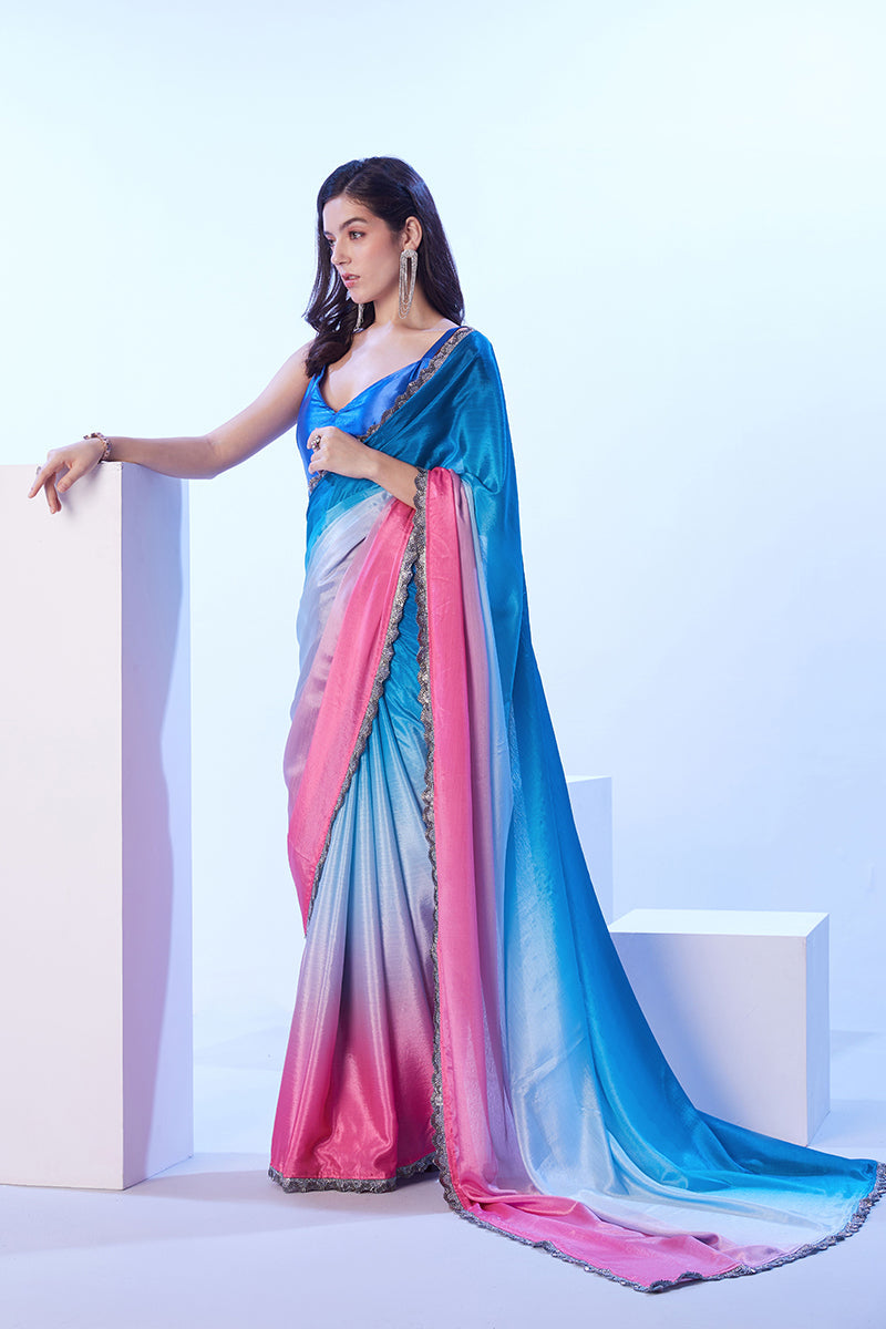 Monjolika Fashion Multicolour Lace Ceremonial Chinon Classic Saree