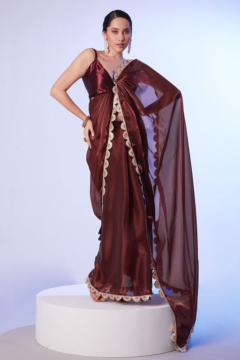 Monjolika Fashion Coffee Brown Satin Saree with Art Silk Blouse and Lace Detailing
