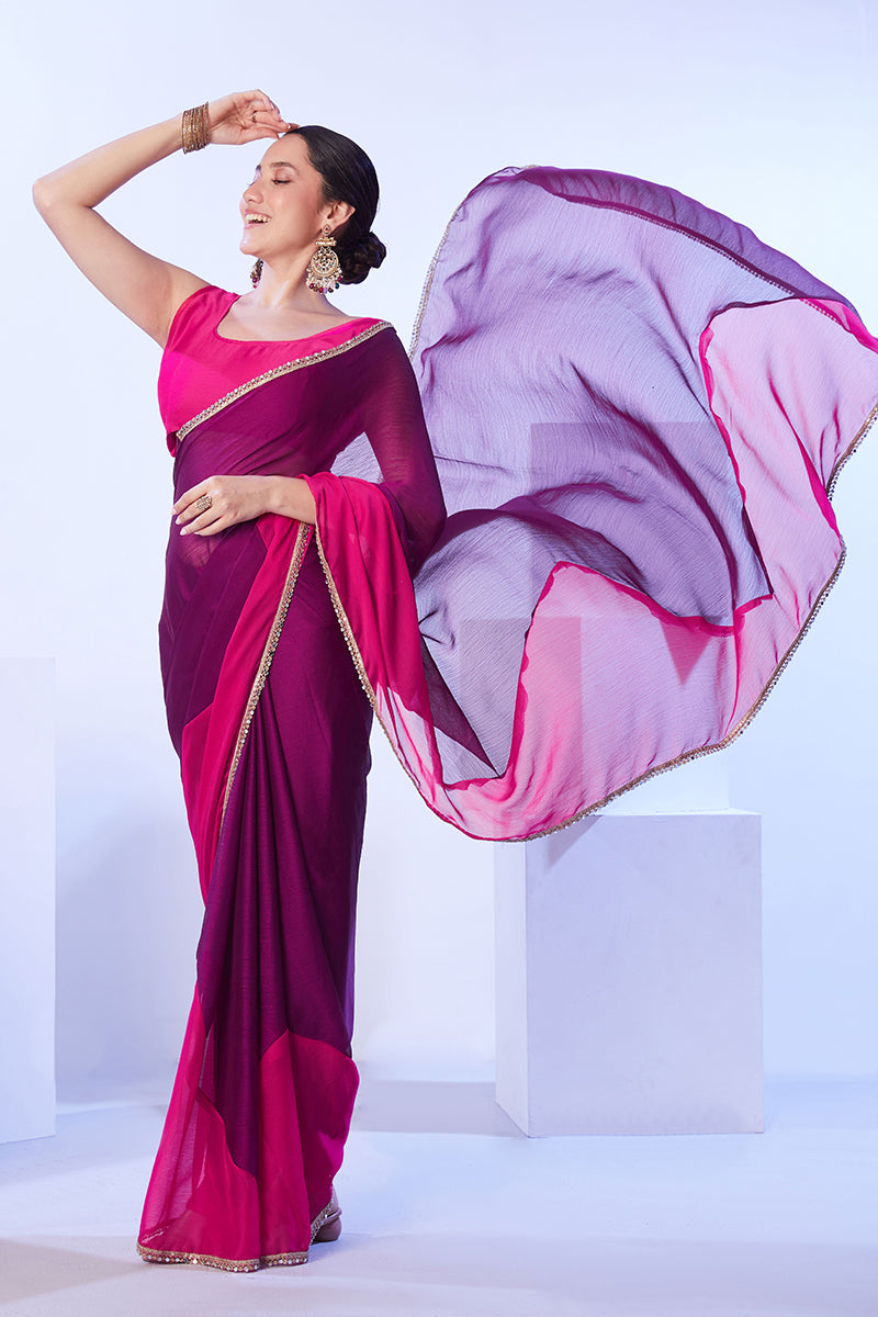 Monjolika Fashion Satin Moss Purple & Pink Colour Lace Designer Saree