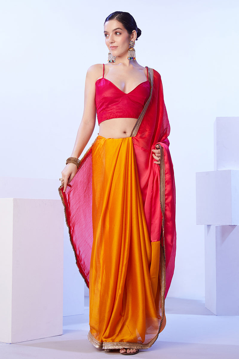 Monjolika Fashion Satin Moss Orange & Red Colour Lace Designer Saree