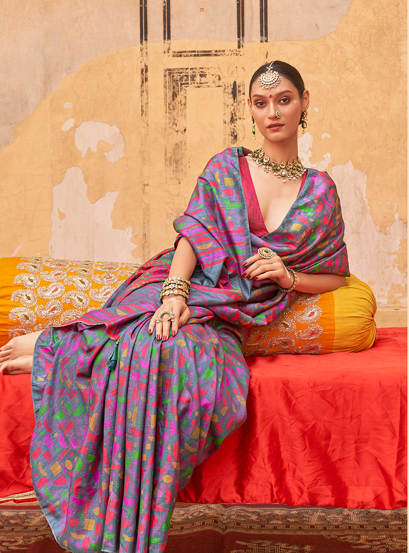 Monjolika Fashion Silk Blend Printed Grey Trendy Saree For Casual