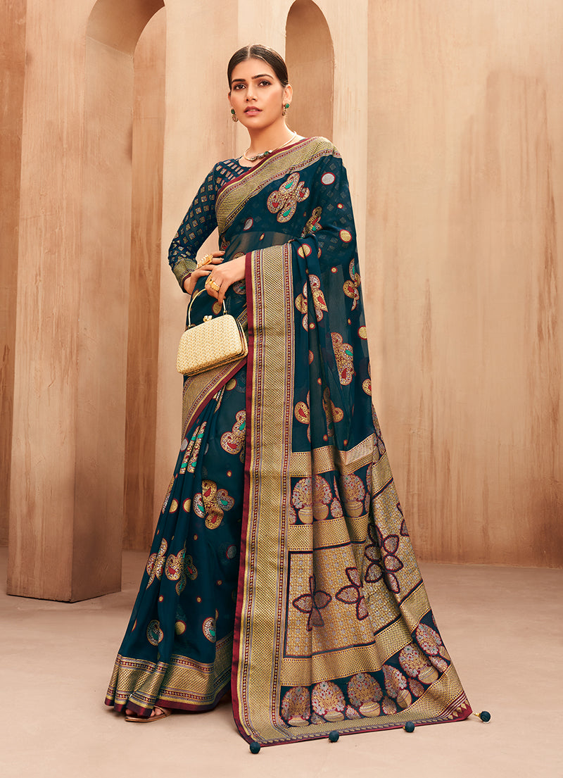Monjolika Fashion Georgette Traditional Saree with Woven Work for Festival in Teal