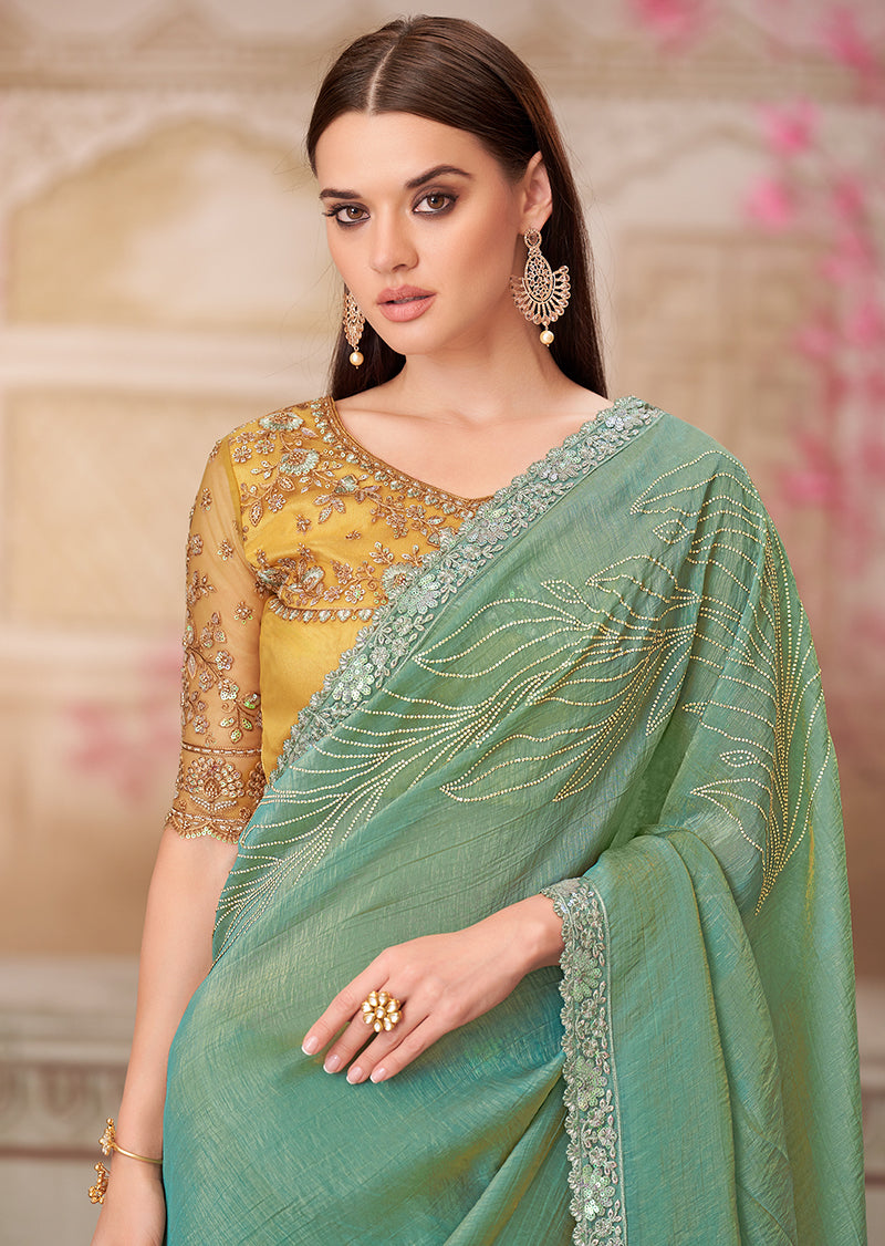 Monjolika Fashion Sea Green Embroidered Sequins And Stone Work Satin Silk Contemporary Saree