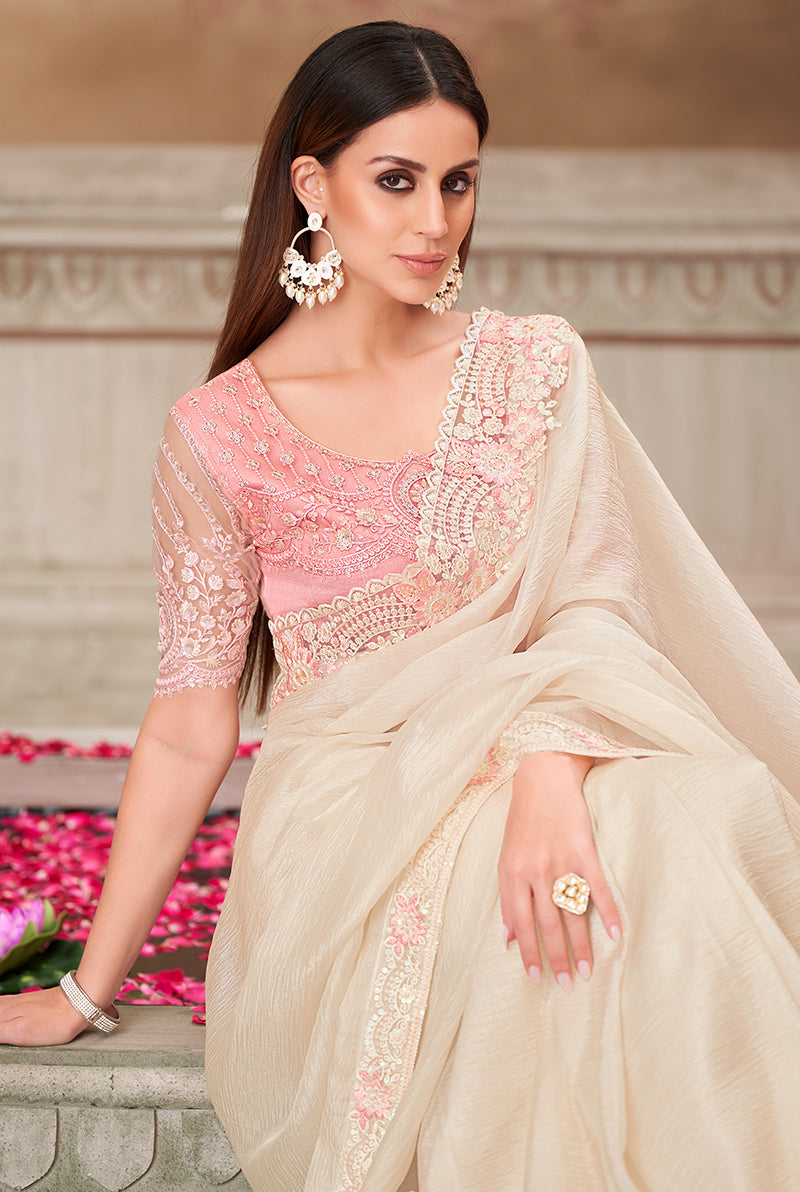 Monjolika Fashion Embroidered Satin Silk Off White Designer Saree