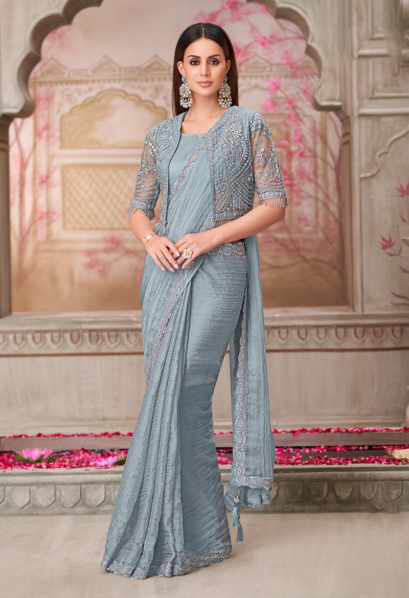 Monjolika Fashion Grey Embroidered Georgette Trendy Saree