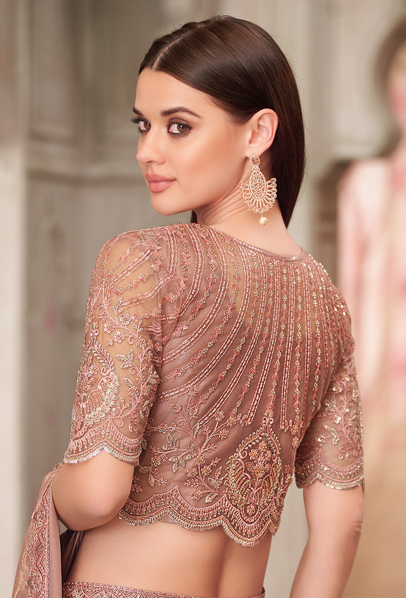 Monjolika Fashion Embroidered Brown Shimmer Satin Silk Classic Saree