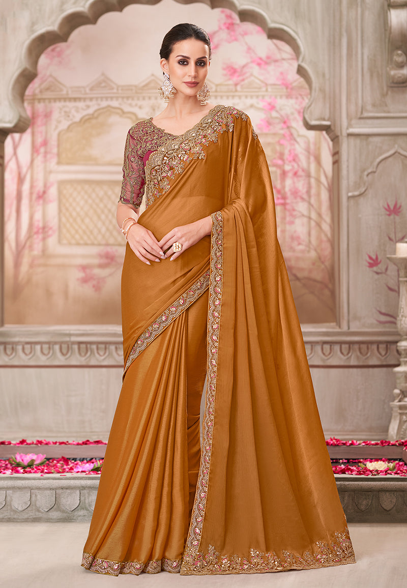 Monjolika Fashion Rust Embroidered Sequins Chiffon Silk Designer Saree