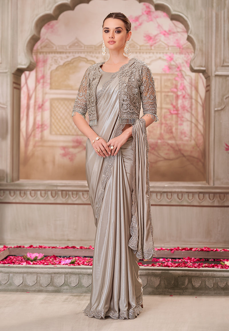 Monjolika Fashion Silver Shimmer Satin Silk Sequins Engagement Designer Saree