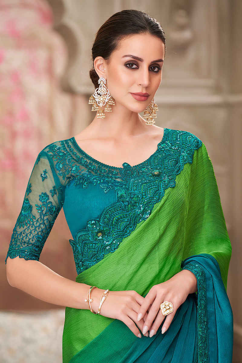 Monjolika Fashion Multi Colour Shaded Satin Chiffon Sequins Traditional Saree