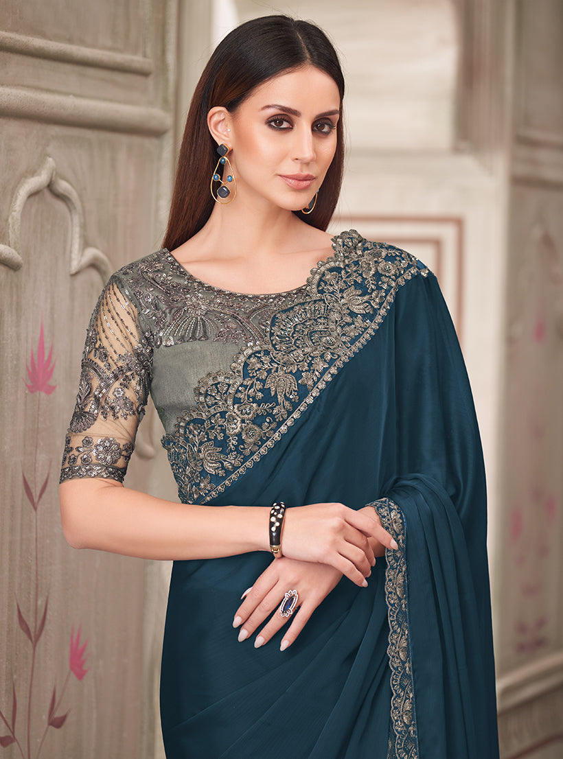 Monjolika Fashion Teal Satin Georgette Silk Embroidered Sequins Classic Saree