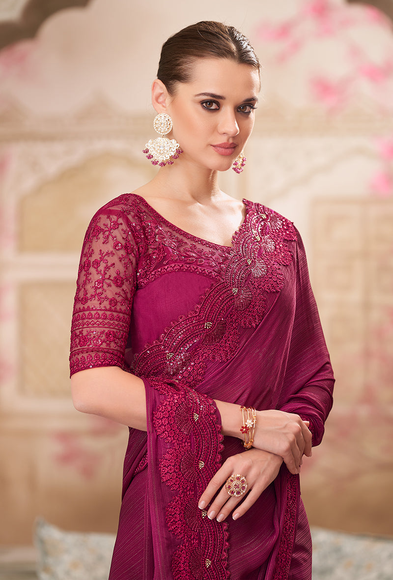 Monjolika Fashion Burgundy Satin Silk Embroidered Sangeet Designer Saree