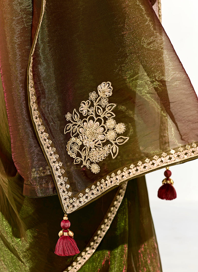 Monjolika Fashion Tissue Embroidered Sequins Dark Olive Traditional Saree