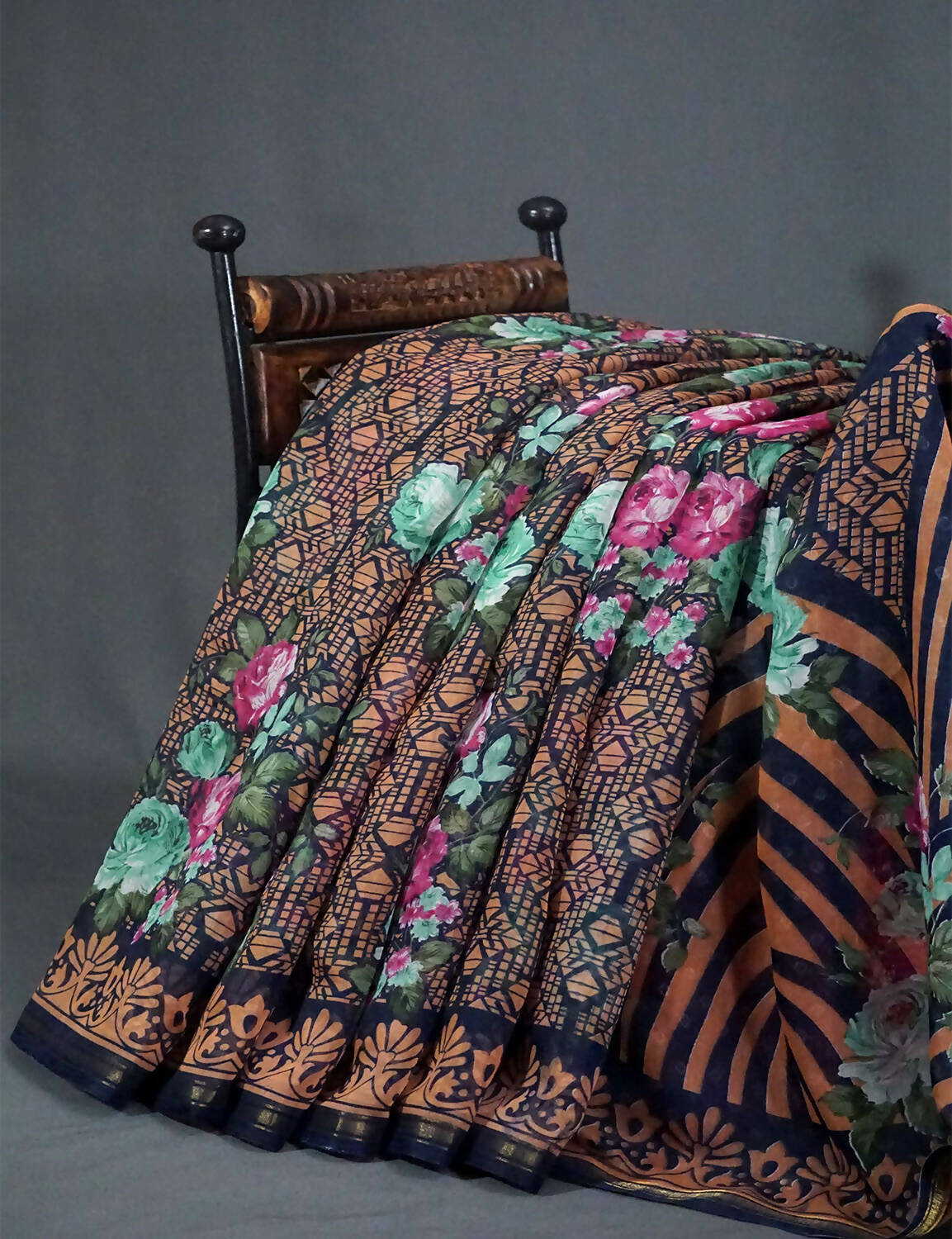 Shades Of Navy Blue Floral Design Semi Chanderi Saree By Gayathri Reddy Designer Studio