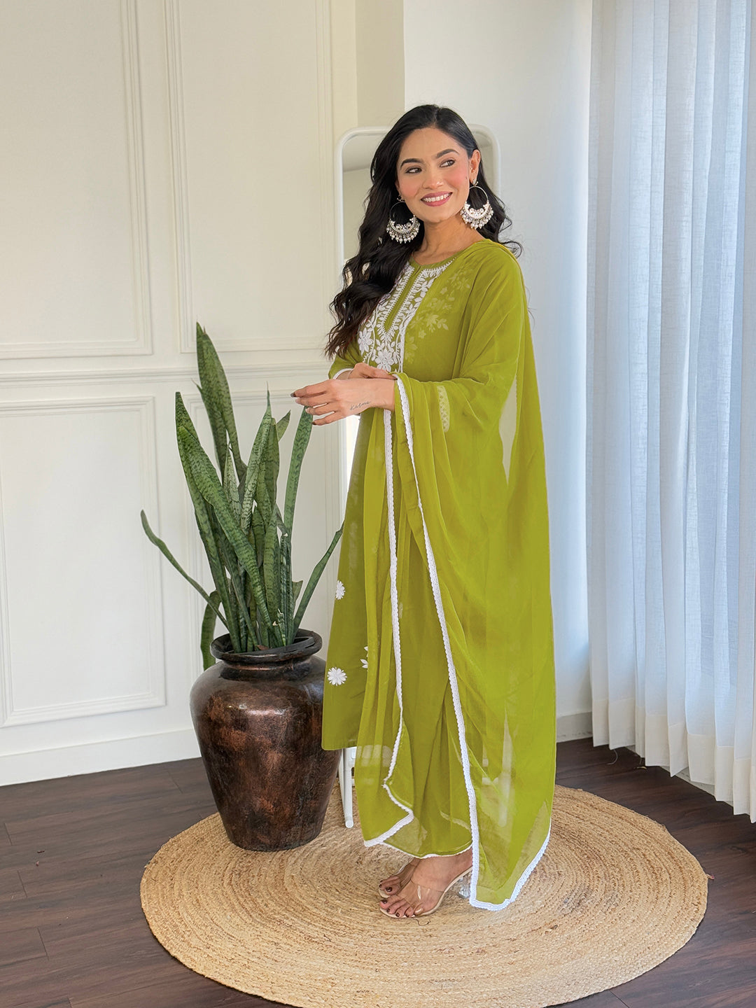 The52 Chikankari Work with Pure Cotton Fabric Straight Kurta, Pant and Dupatta Set