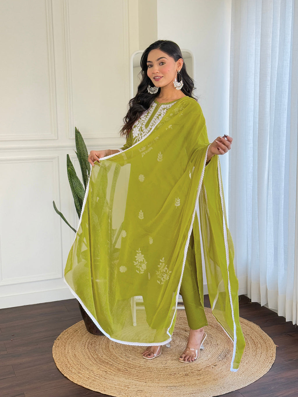 The52 Chikankari Work with Pure Cotton Fabric Straight Kurta, Pant and Dupatta Set