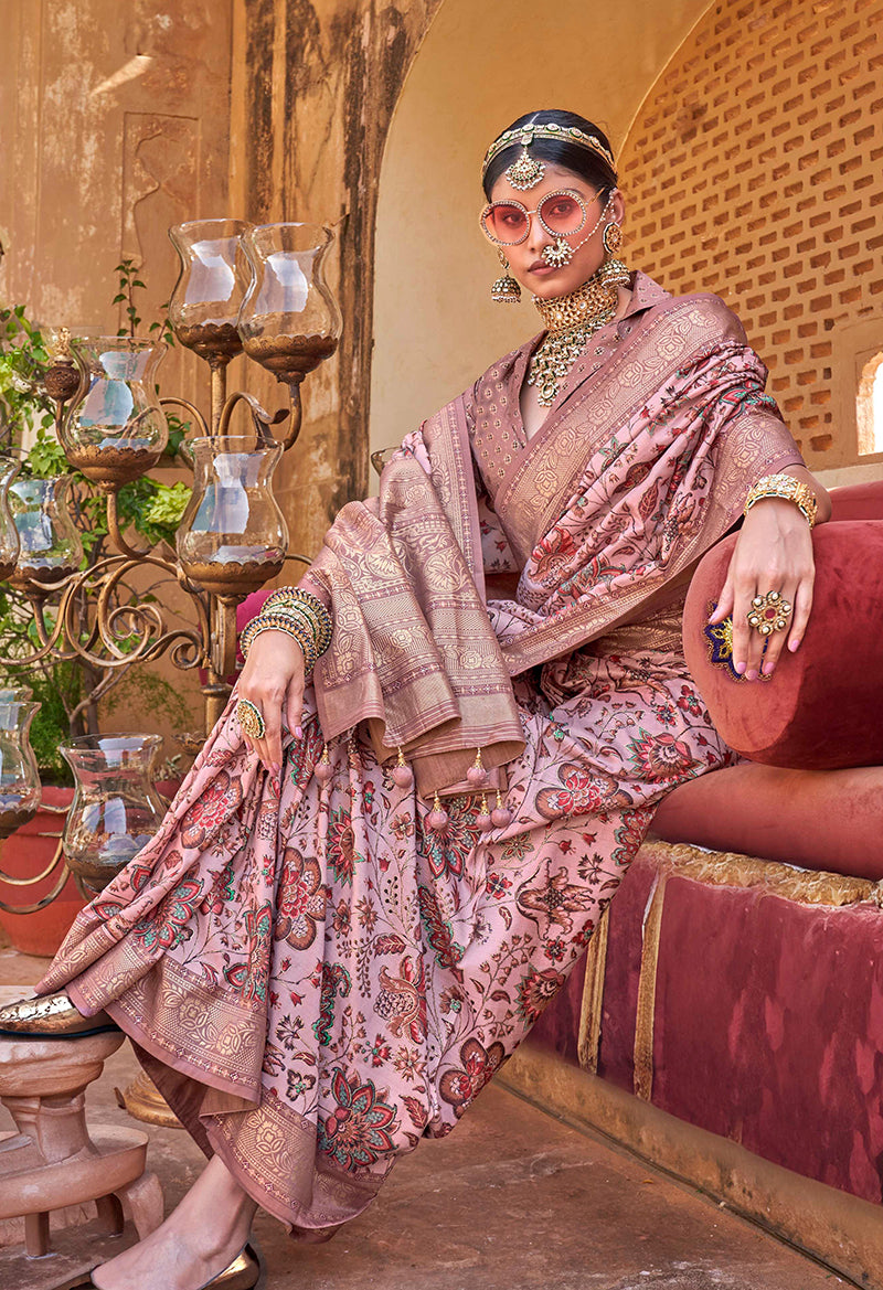 Monjolika Fashion Dusty Pink Floral Print Silk Blend Saree