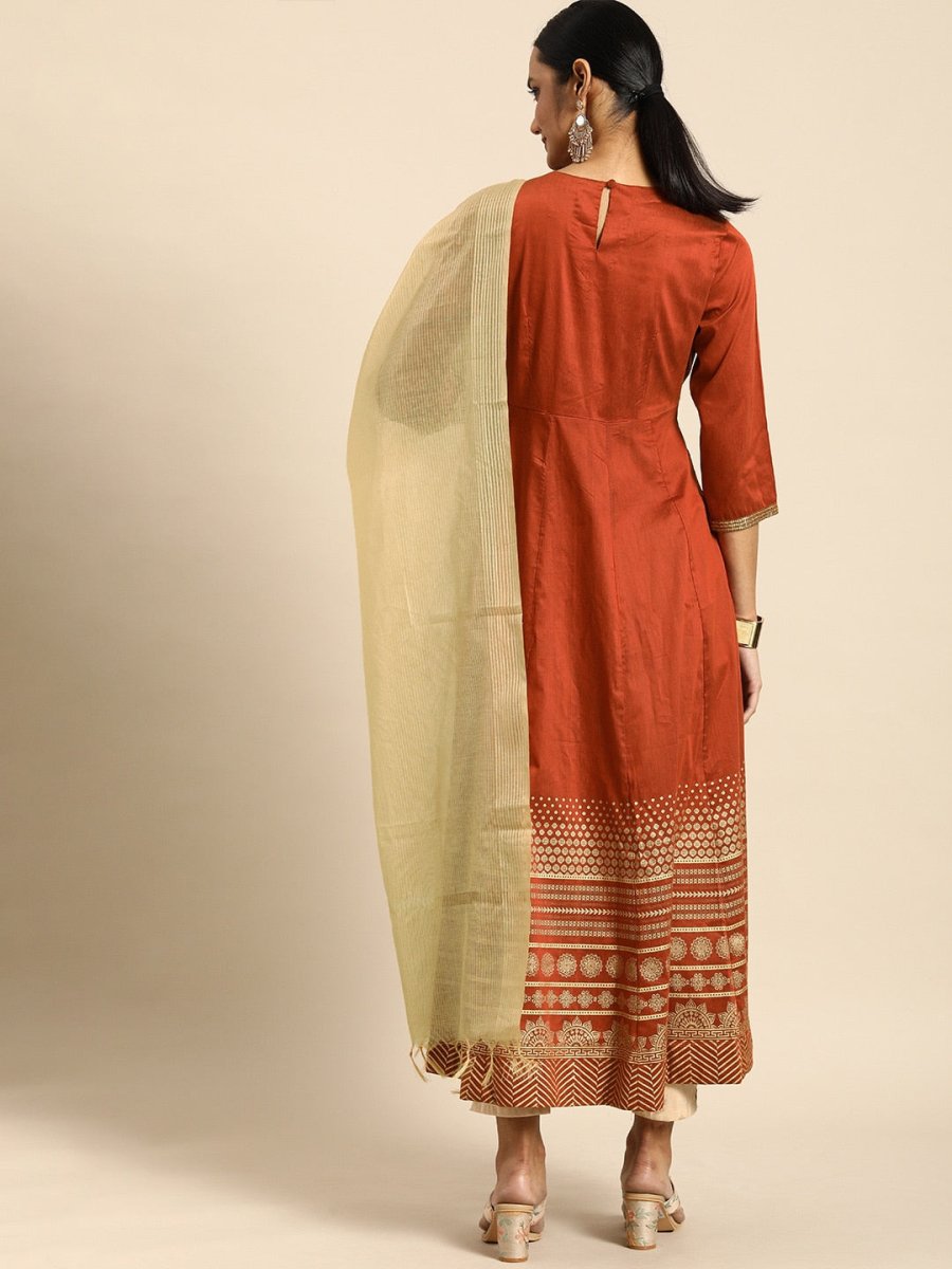 All About You Women Orange& Cream Embroidered Kurta with Dupatta