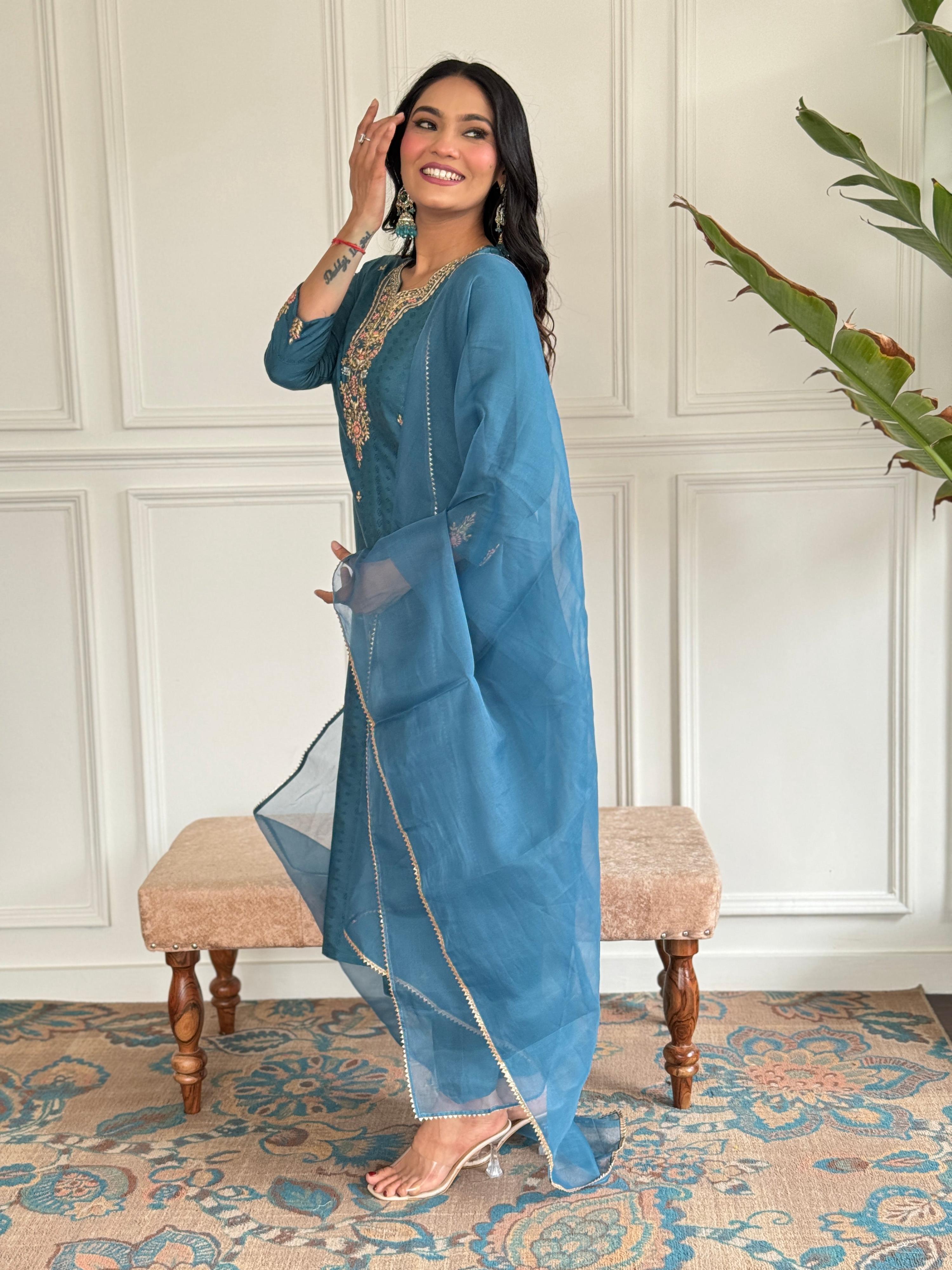 The52 Rama Embroidered Viscose Blend Fabric Straight Kurta, Pant and Dupatta Set