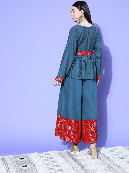 InWeave Women's Teal Red Brocade Mughal Shaan Kurta Palazzo Set