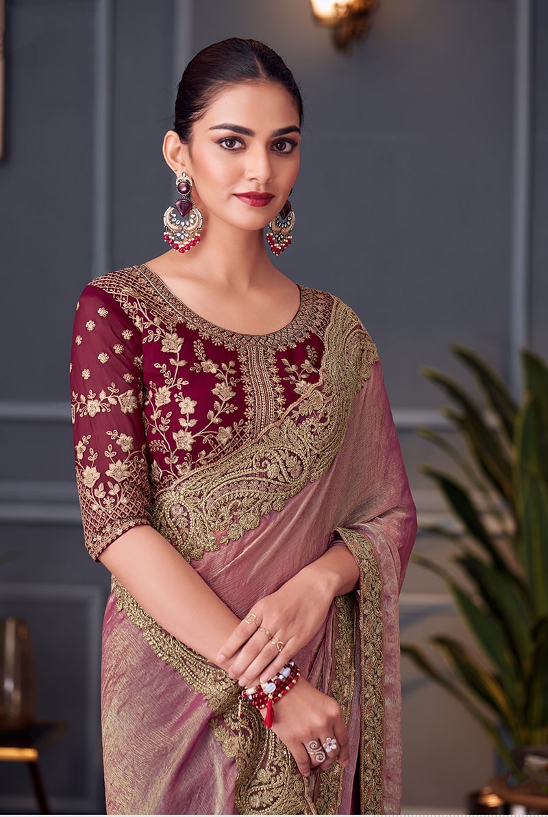 Monjolika Fashion Pink Embroidered Double Tone Silk Blend Designer Saree