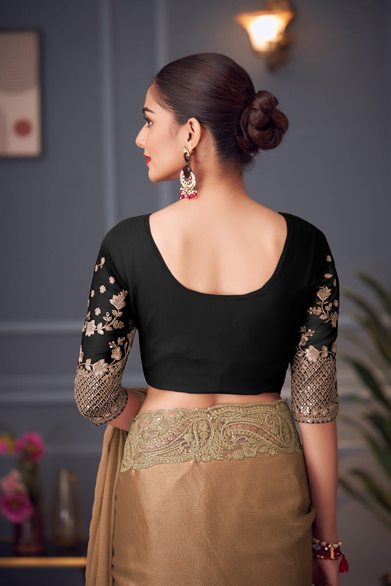 Monjolika Fashion Light Brown Embroidered Double Tone Silk Blend Designer Saree