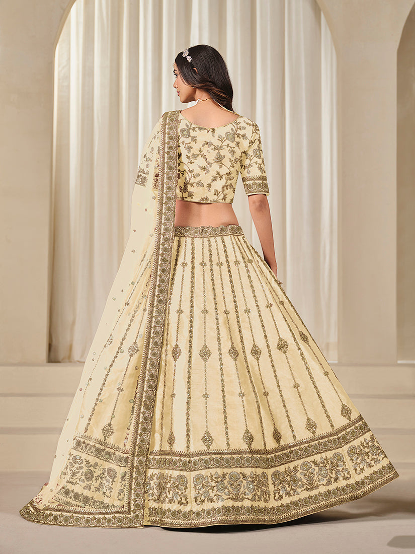Monjolika Fashion Embroidered Cream Reception Art Silk A Line Lehenga Choli