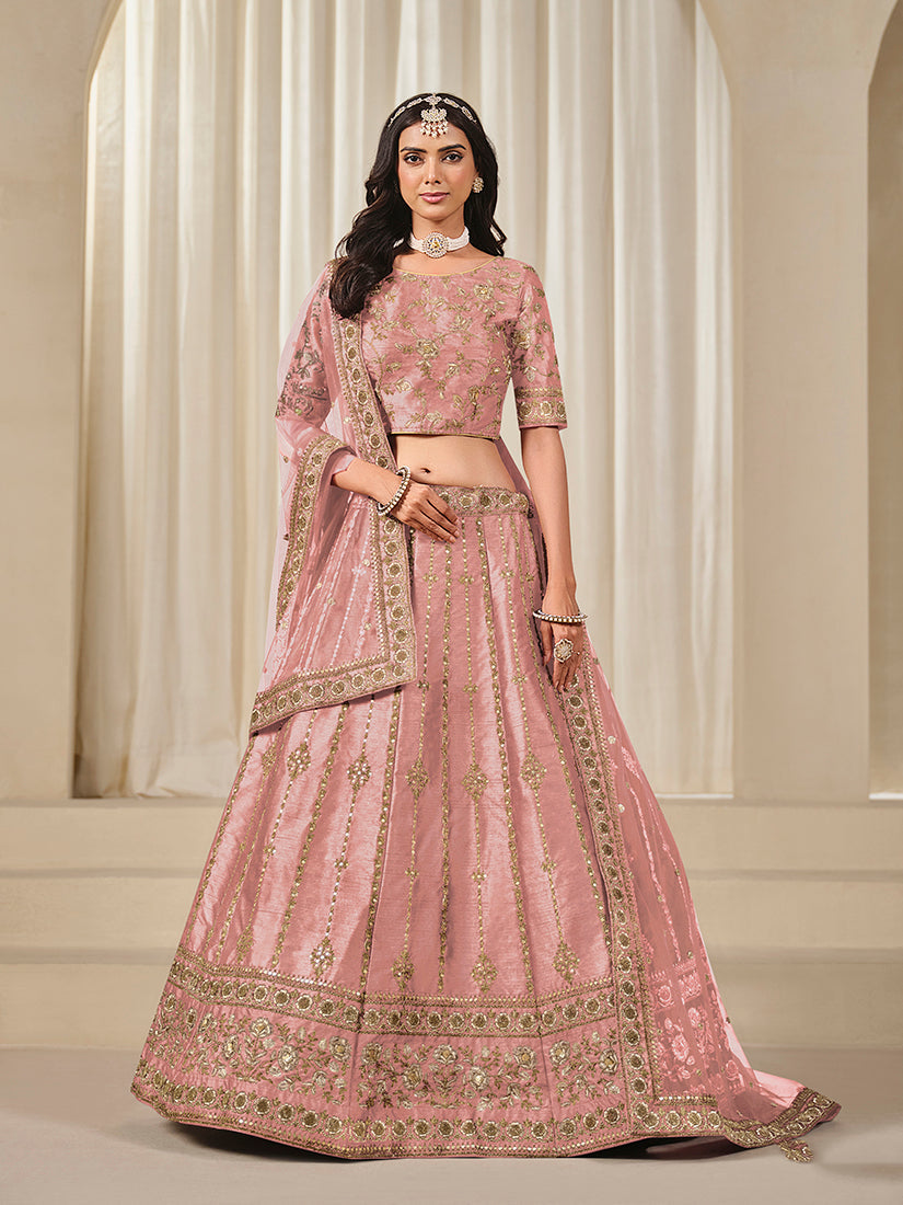 Monjolika Fashion Embroidered Pink Reception Art Silk A Line Lehenga Choli