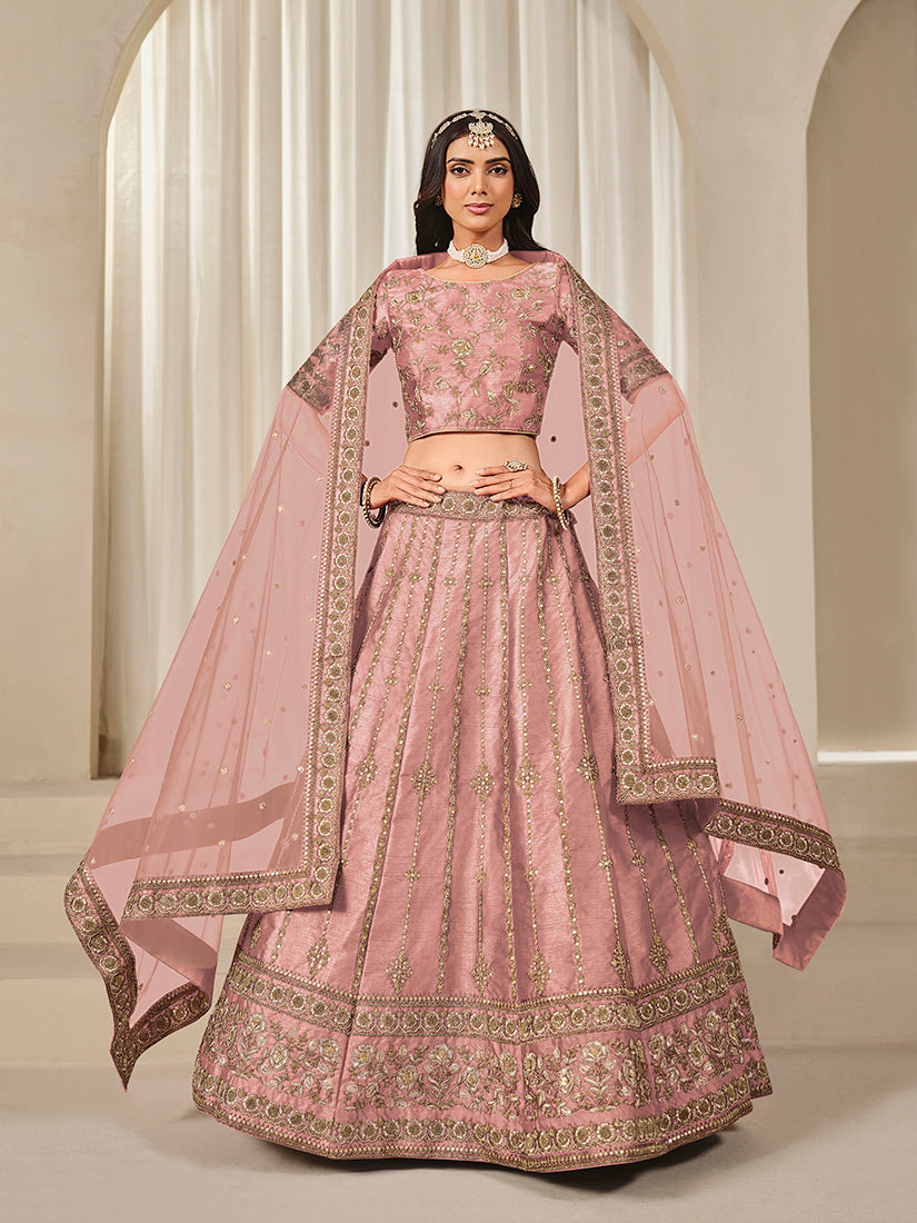 Monjolika Fashion Embroidered Pink Reception Art Silk A Line Lehenga Choli
