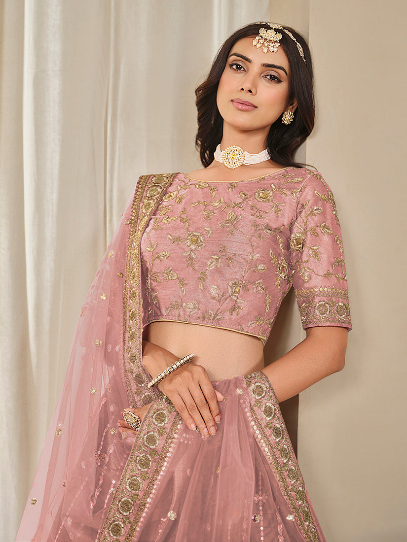 Monjolika Fashion Embroidered Pink Reception Art Silk A Line Lehenga Choli