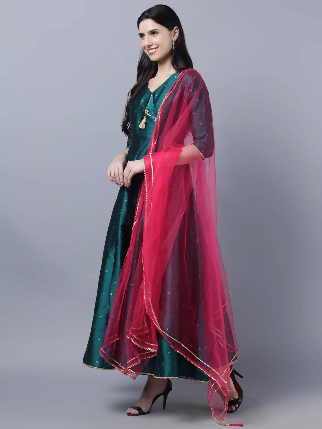 Myshka Green Red Ethnic Motifs Ethnic Anarkali Dress With Dupatta