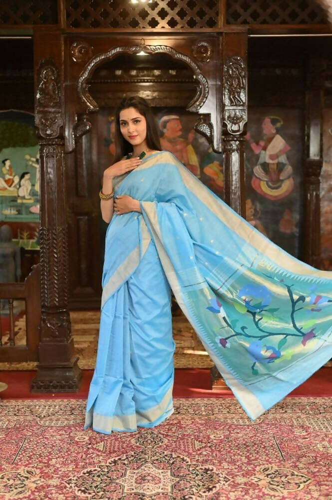 Very Much Indian Handloom Pure Cotton Paithani Peacock Pallu-Sky Blue