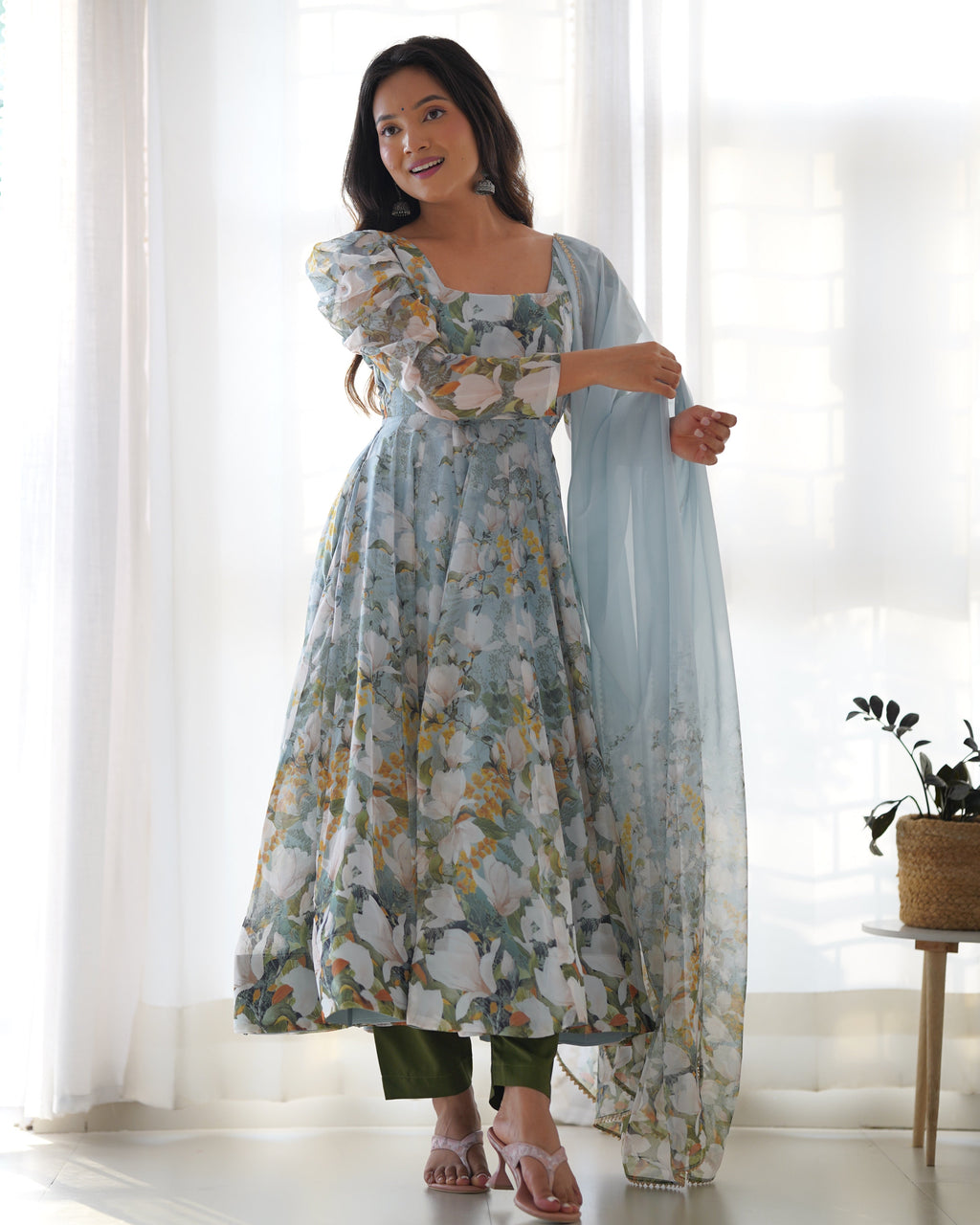 Lorenvalley Grey Soft Organza Silk With Floral Print Fully Flared Anarkali Pant With Dupatta Set