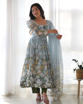 Lorenvalley Grey Soft Organza Silk With Floral Print Fully Flared Anarkali Pant With Dupatta Set