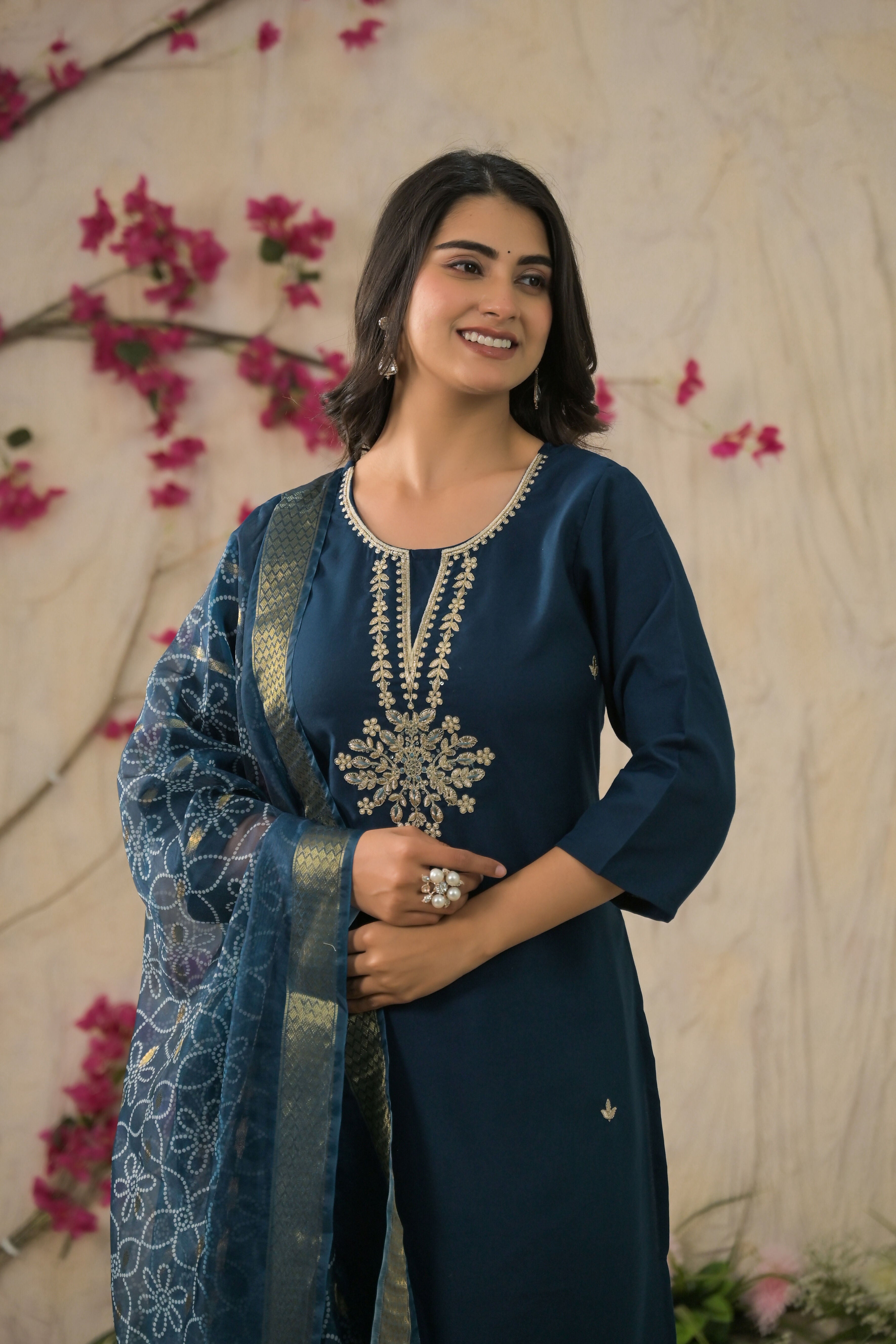 Ethnic Festive Wear Reyon Petrol Stitched Suit With Dupatta - Tanisha