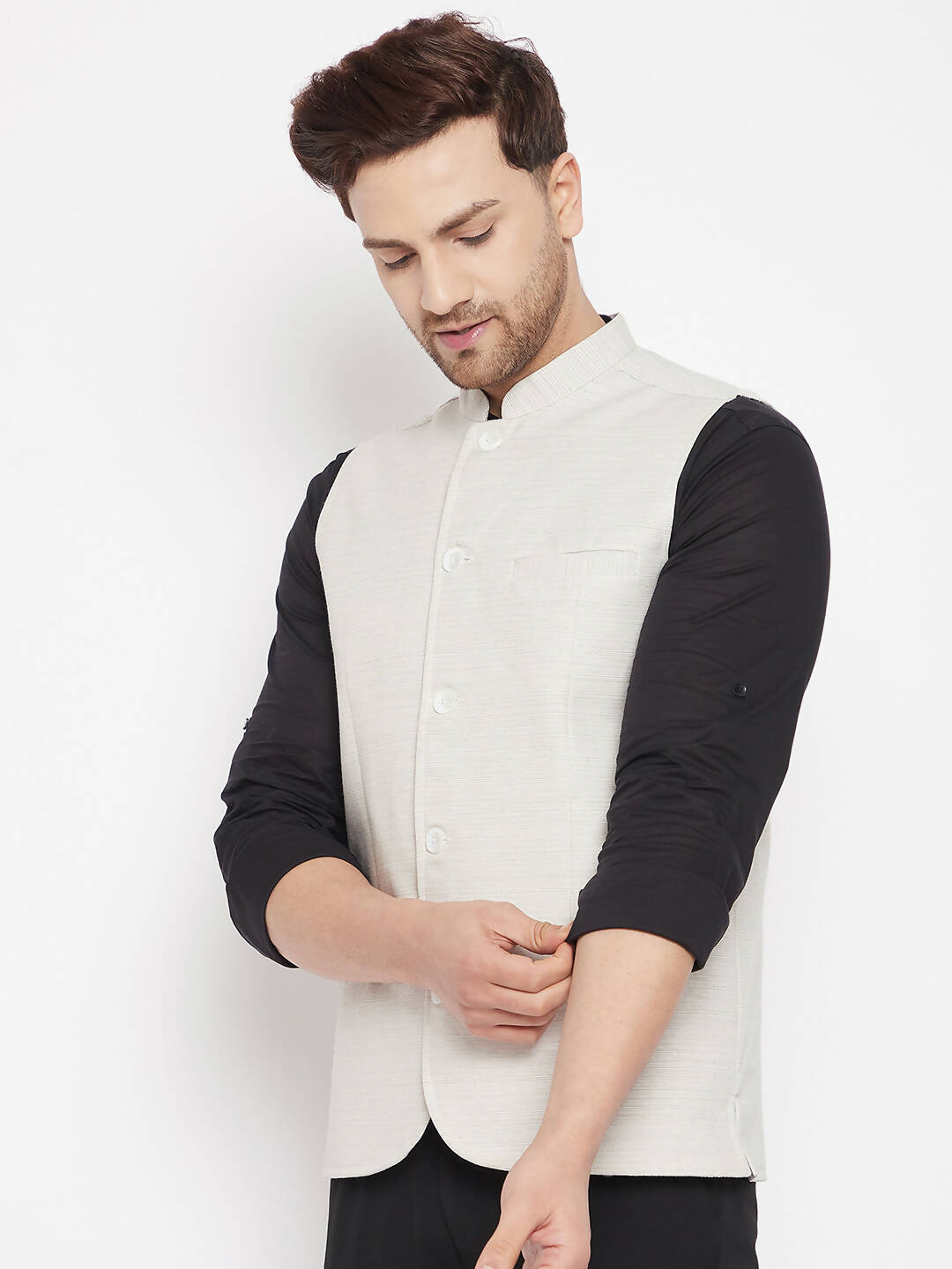 Even Apparels Cream Merino Men Woven Nehru Jacket BF504