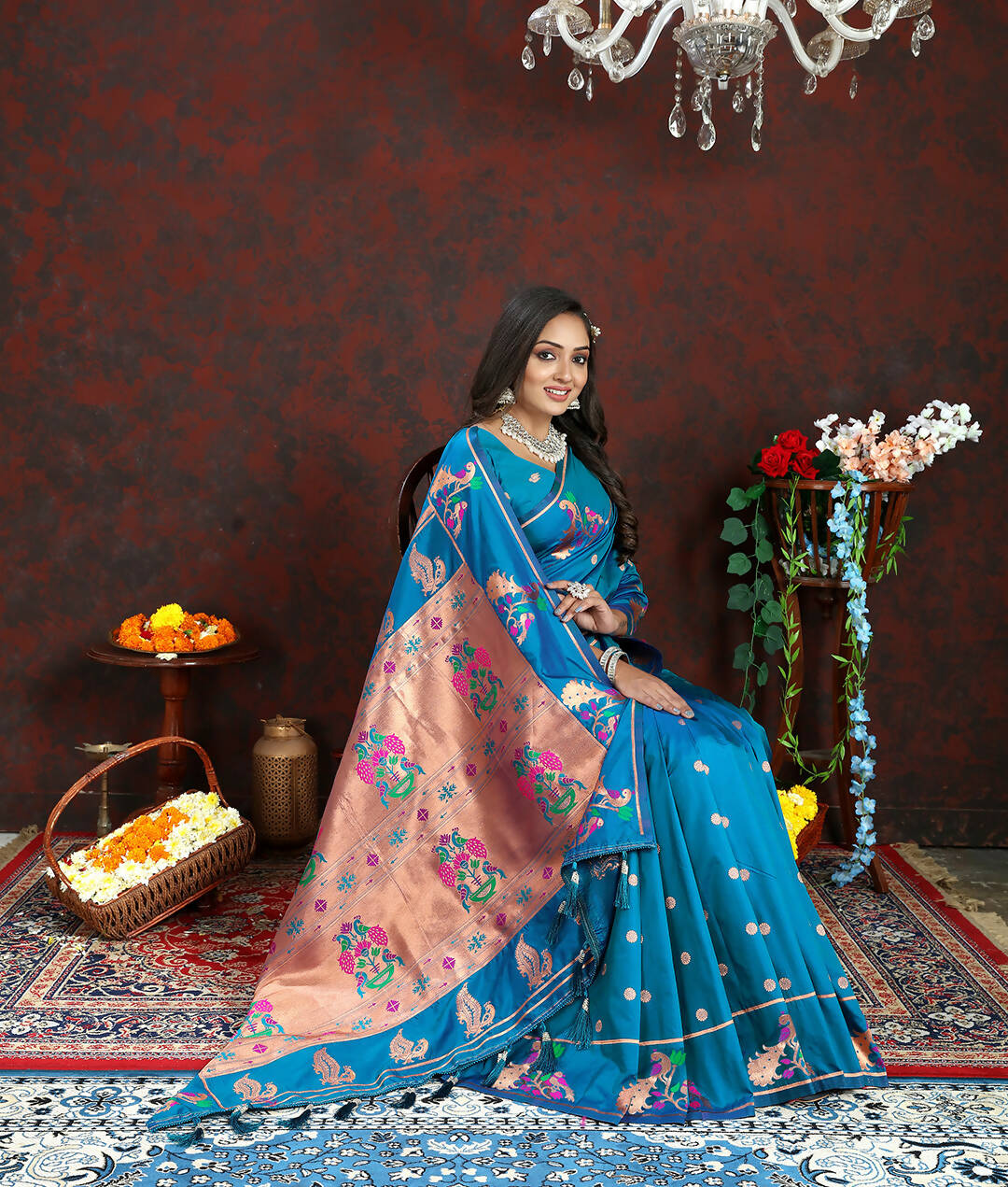 Lorenvalley Fashion Rama Soft Paithani Silk Woven Design Copper Zari Meenakari Weaving Saree