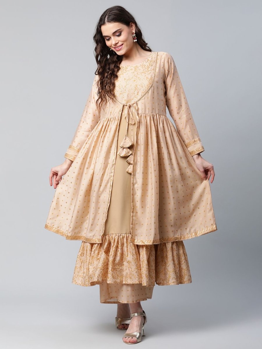 Ahalyaa Womens Beige Chanderi Kurta Palazzo Set with Dupatta