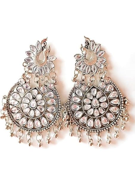 Tehzeeb Creations Women's Silver Colour Earrings With Kundan And Ghungroo Work