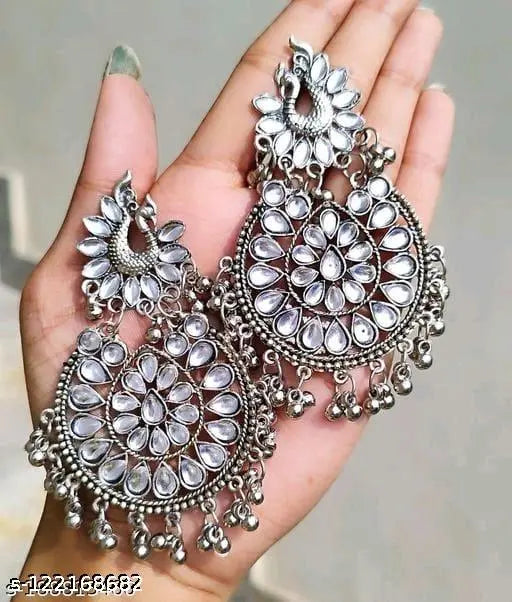 Tehzeeb Creations Women's Silver Colour Earrings With Kundan And Ghungroo Work