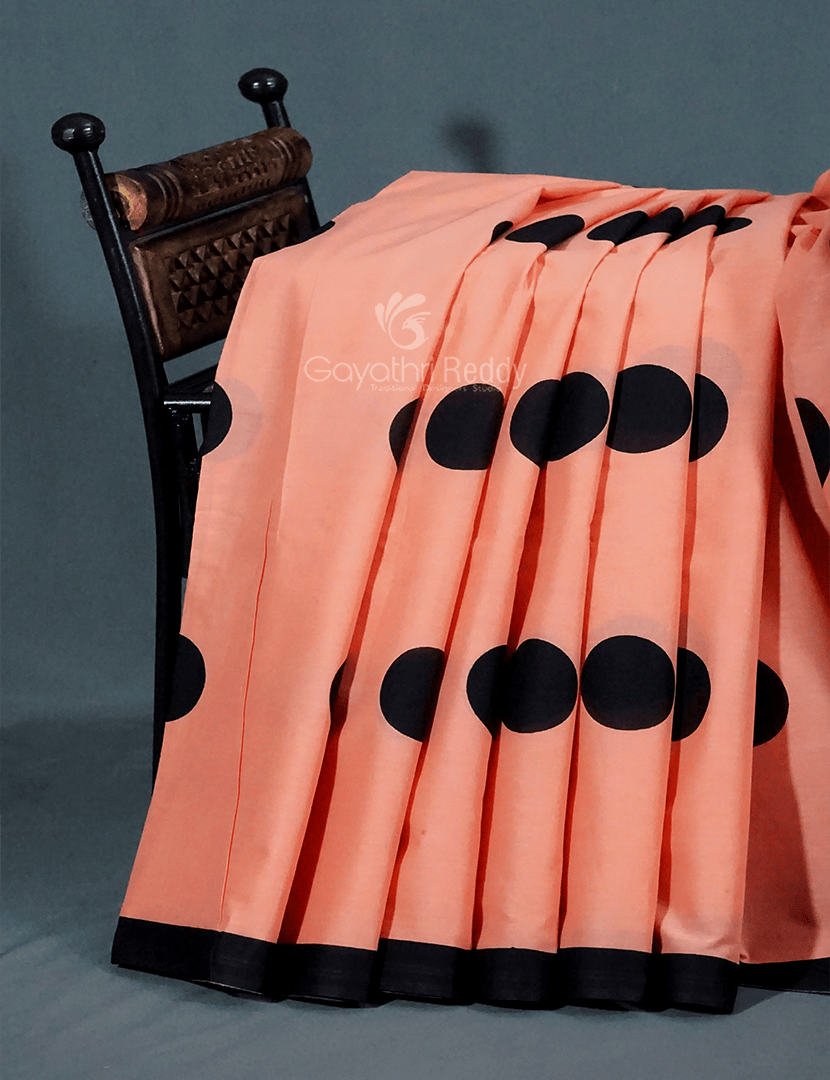 Peach And Black Block Print Pure Mulmul Cotton Saree By Gayathri Reddy Designer Studio