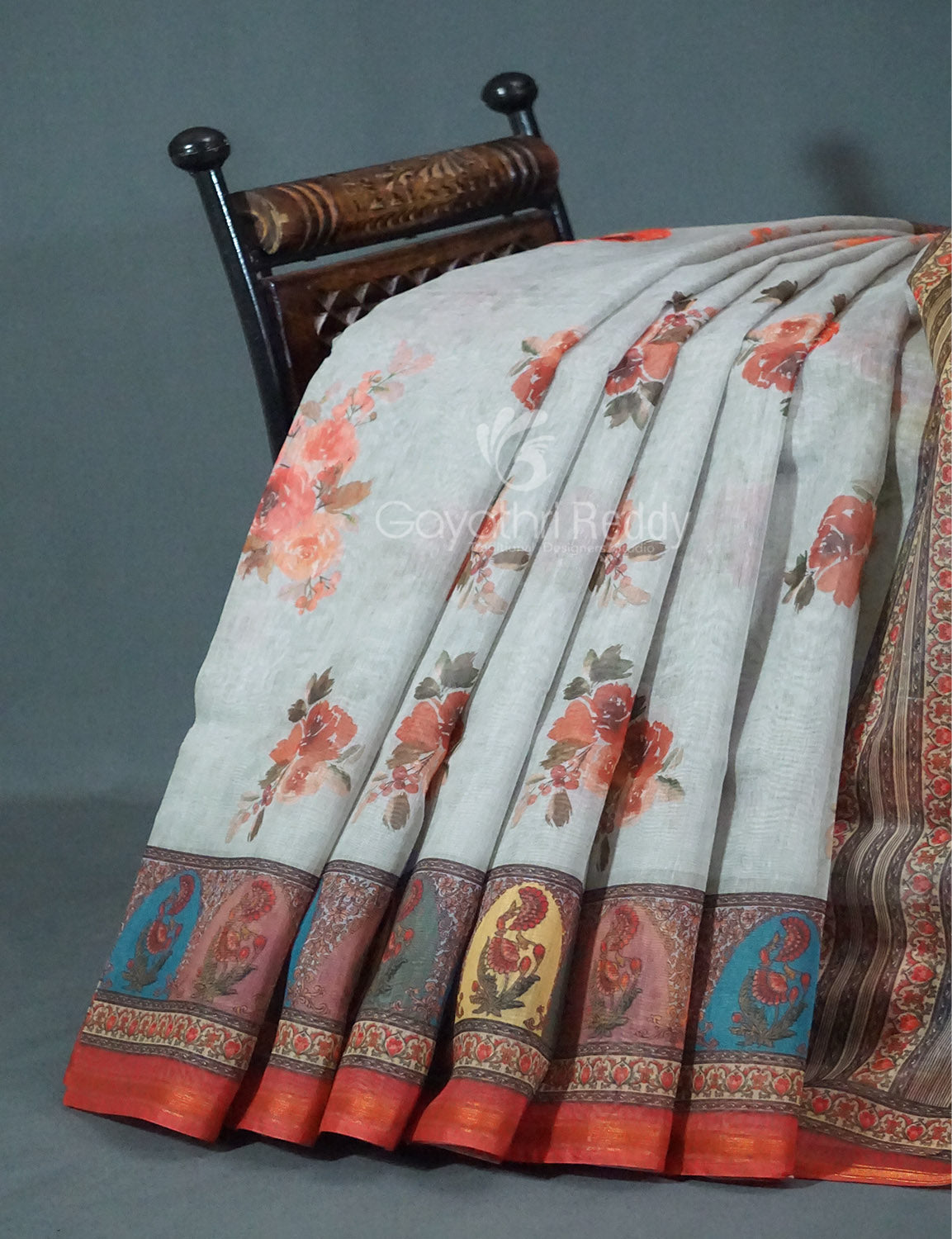 Shades of Light Grey Floral Print Semi Chanderi Saree By Gayathri Reddy Designer Studio