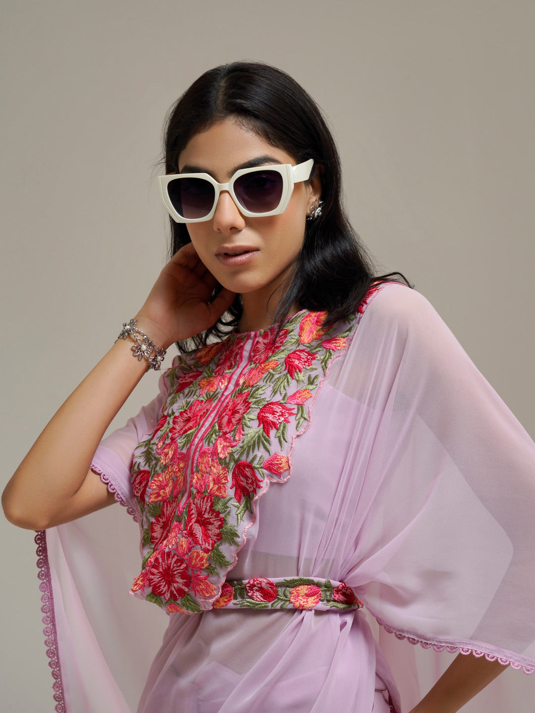 Tikhi Imli Lavender & Pink Floral Embroidered Belted Saree