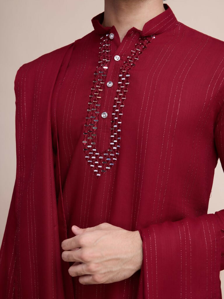 Vastranavya Traditional Festival Wear Viscose Thread & Sequence Embroidered Work Kurta Pant Set - Maroon